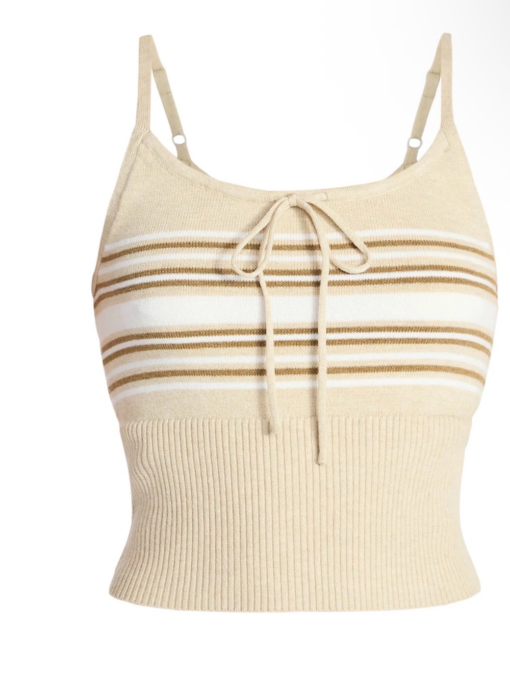 Beige Stripe Knit Tie-Front Cropped Tank